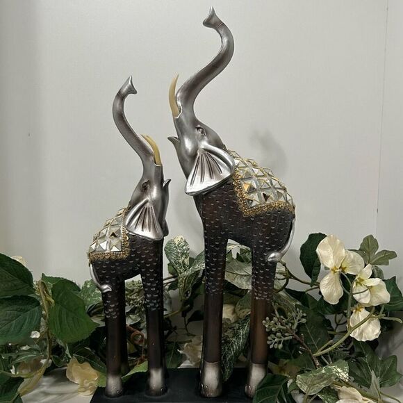 Vintage Mother & Baby Elephant Statue 17"x 7.5" Silver Gold-tone Metal & Wood - Picture 2 of 13